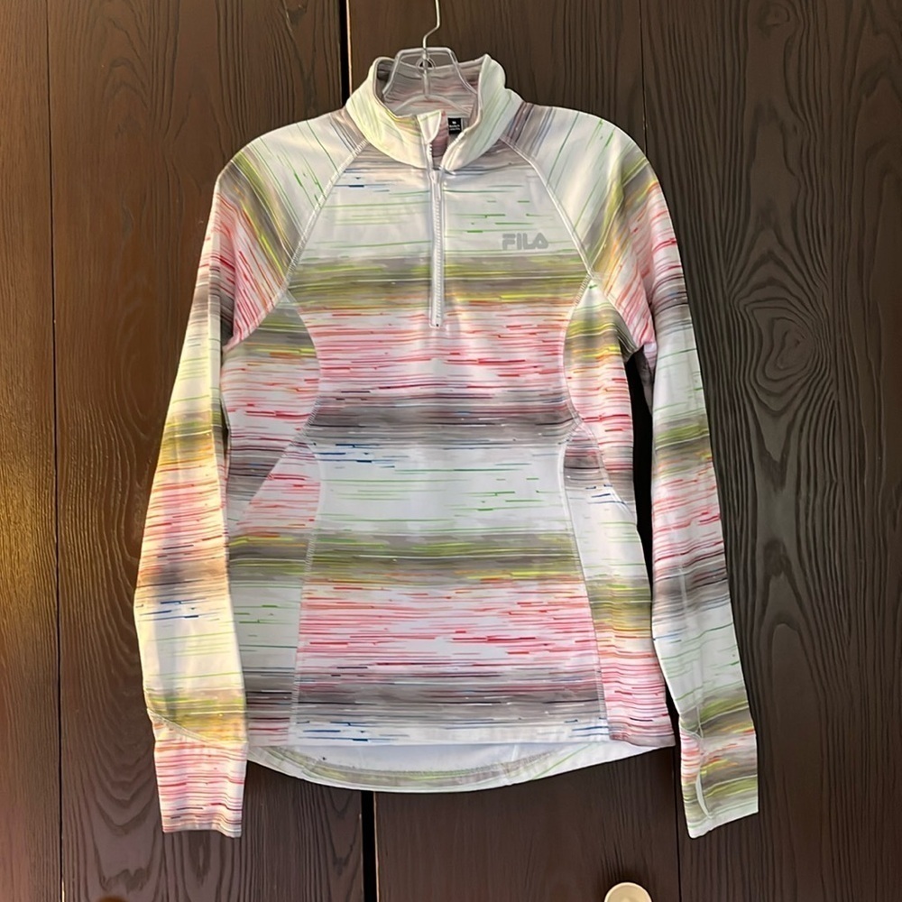 Fila sport running athletic top. White with multi-colored stripes. Size Medium